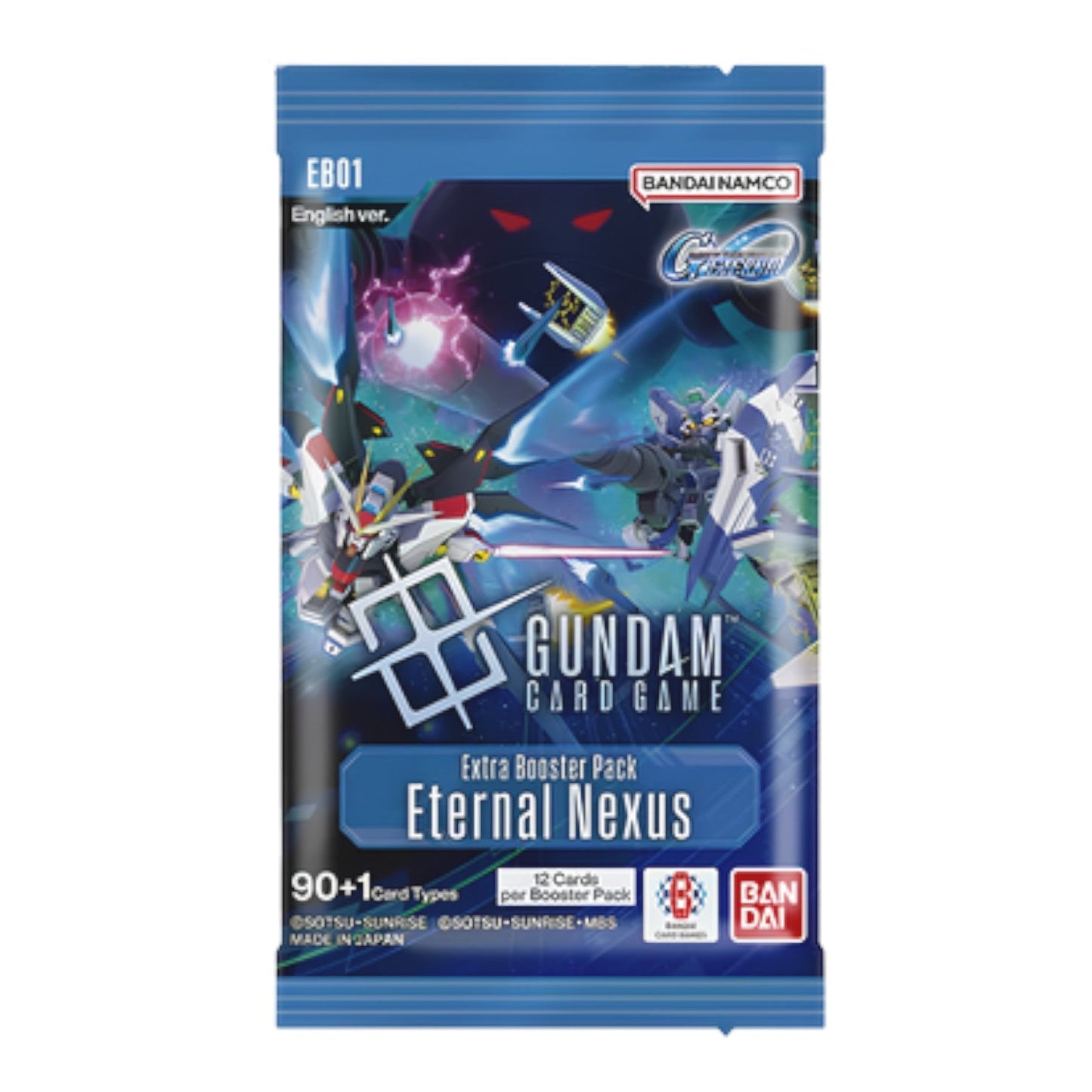 RichRevived Gundam Card Game Eternal Nexus EB01 booster pack featuring SD Gundam artwork on a blue background