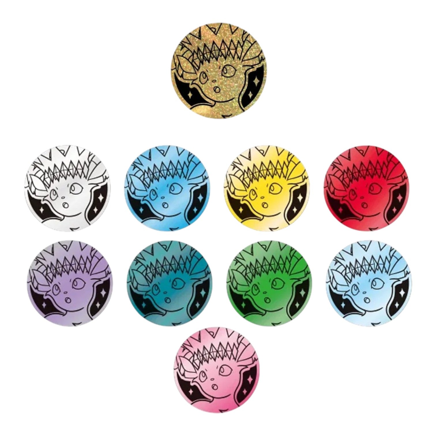 RichRevived Pokémon TCG Leafeon collector coins in various colours including gold, blue, green, and pink.