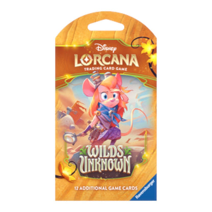 RichRevived Disney Lorcana Wilds Unknown booster pack featuring a mouse adventurer illustration in a desert setting.