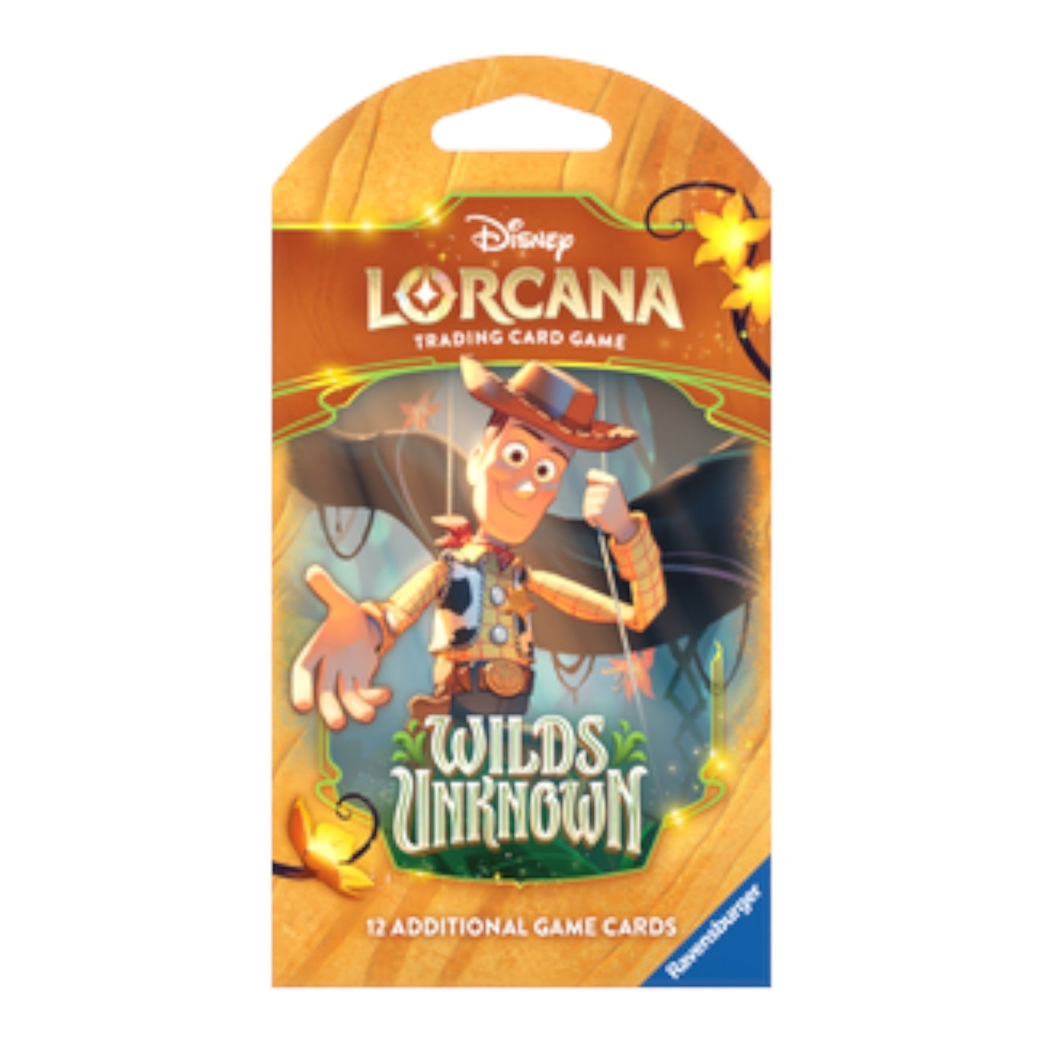 RichRevived Disney Lorcana Wilds Unknown booster pack featuring Woody from Toy Story in vibrant orange packaging.