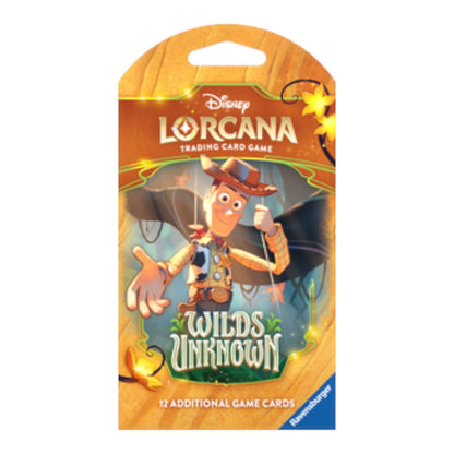RichRevived Disney Lorcana Wilds Unknown booster pack featuring Woody from Toy Story in vibrant orange packaging.