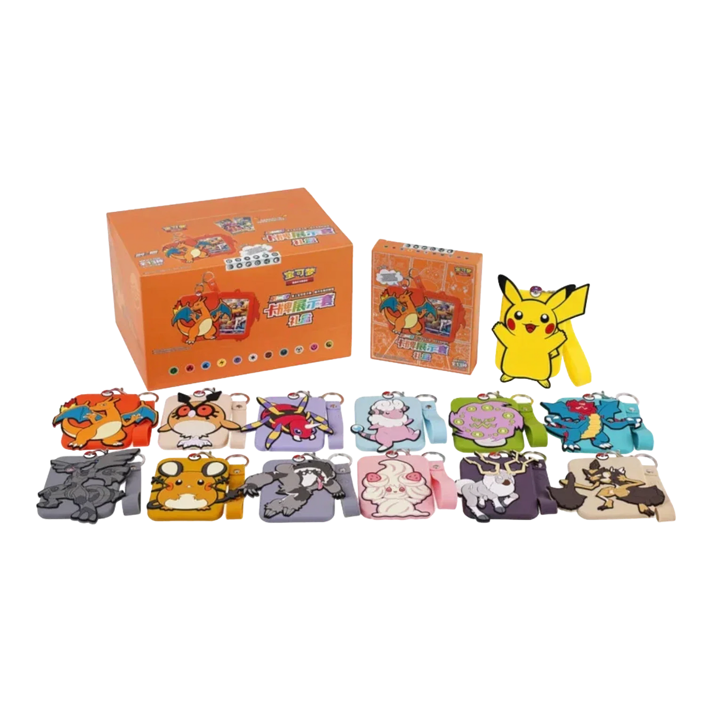 RichRevived Pokémon collectible silicone card holders with character keychains, wrist straps, and display boxes.