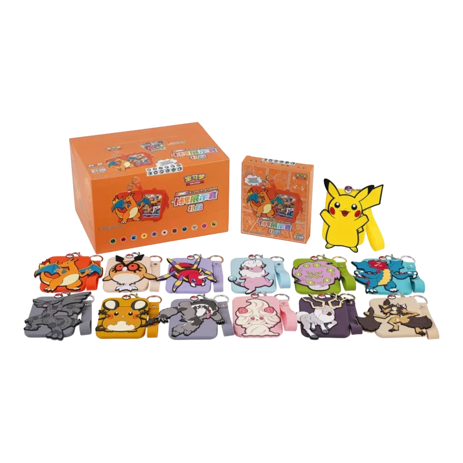 RichRevived Pokémon collectible silicone card holders with character keychains, wrist straps, and display boxes.