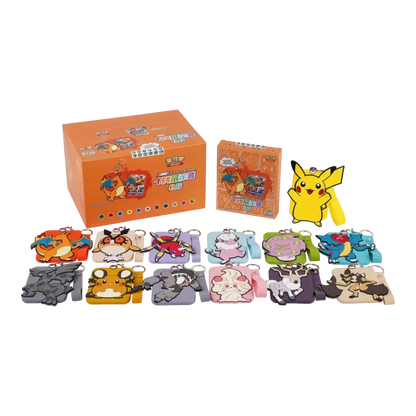RichRevived Pokémon collectible silicone card holders with character keychains, wrist straps, and display boxes.