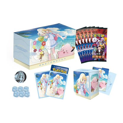 RichRevived Pokémon TCG Lillie Battle Set Gift Box featuring beach-themed card sleeves, deck box, coin, and dice.