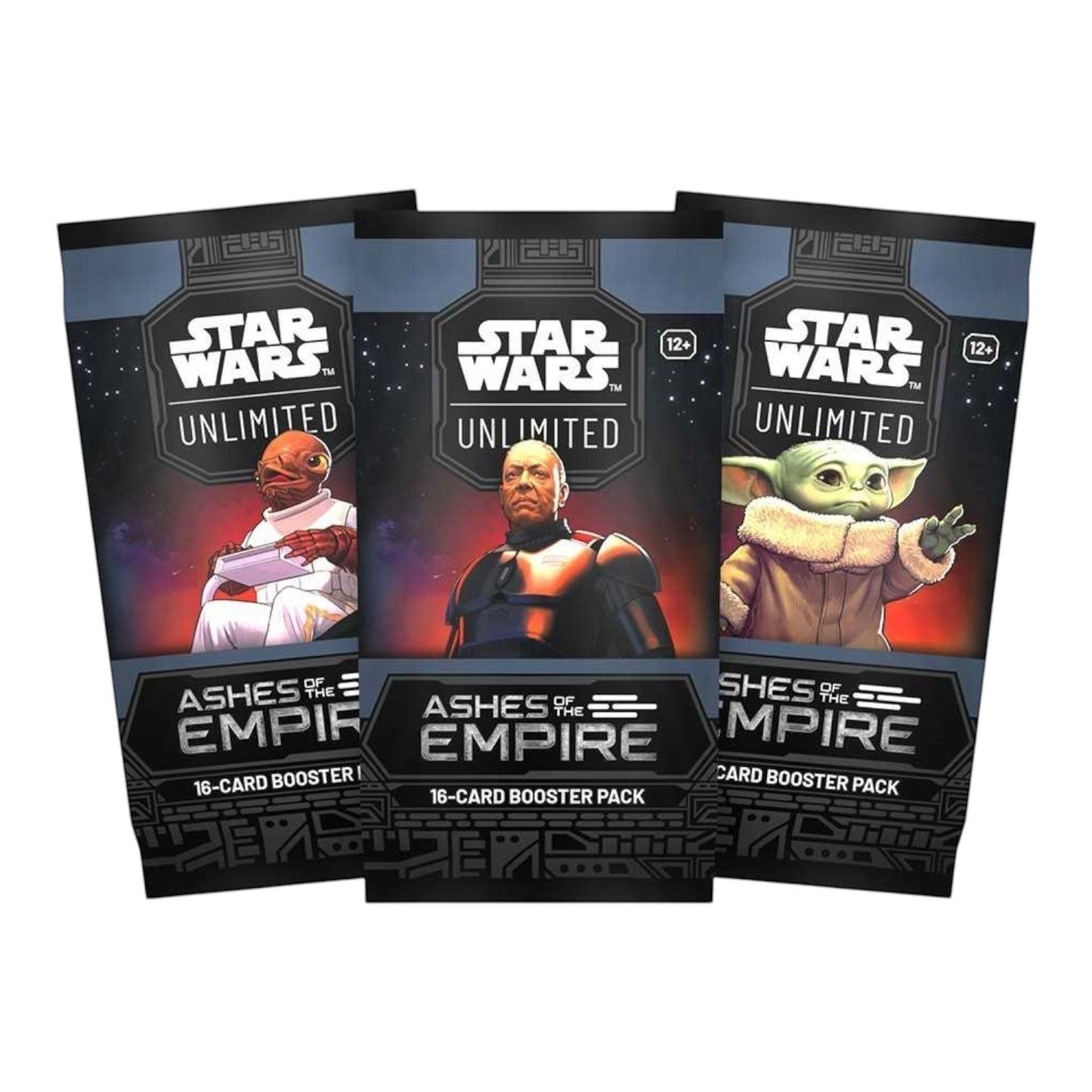 RichRevived Star Wars Unlimited Ashes of the Empire booster packs featuring character artwork on dark themed packaging