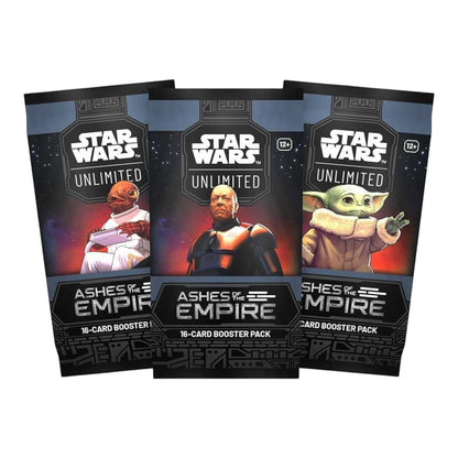 RichRevived Star Wars Unlimited Ashes of the Empire booster packs featuring character artwork on dark themed packaging
