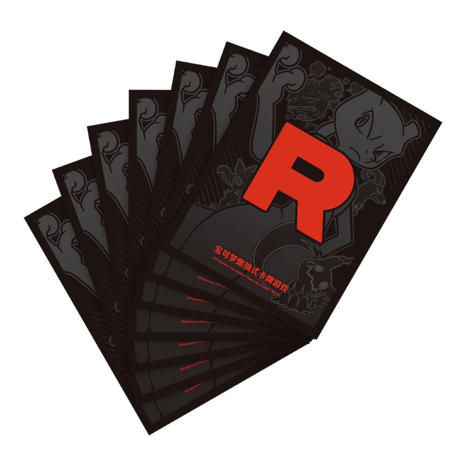 RichRevived Team Rocket art card sleeves featuring a black design with a red R logo and Mewtwo from Pokémon TCG