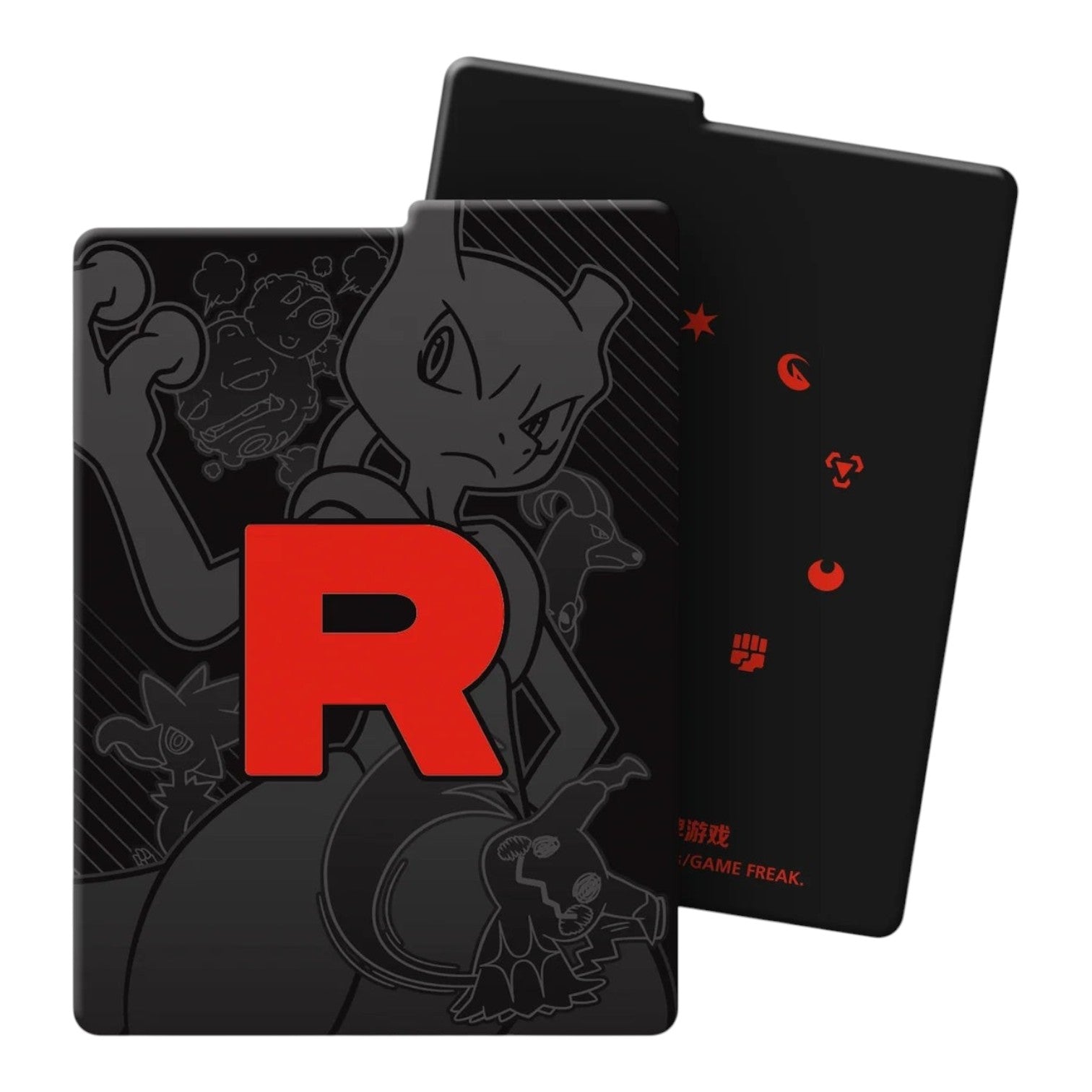 RichRevived Team Rocket themed black deck box with red R logo and Mewtwo illustration for Pokémon TCG