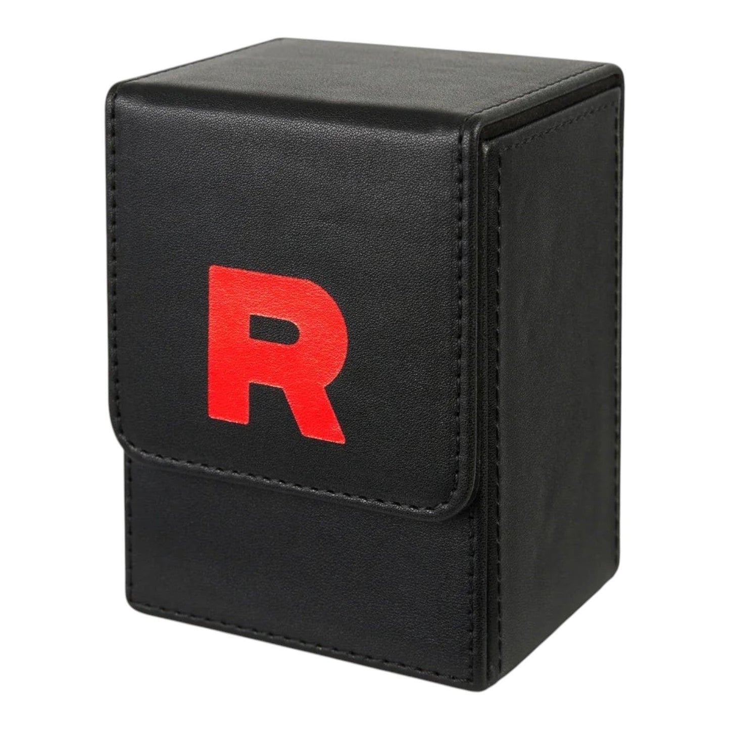 RichRevived black faux-leather Team Rocket deck box with a prominent red R logo for Pokémon TCG cards