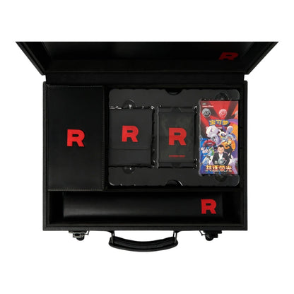 RichRevived Team Rocket's Grand Scheme black faux-leather briefcase gift box with Pokémon TCG accessories and booster packs