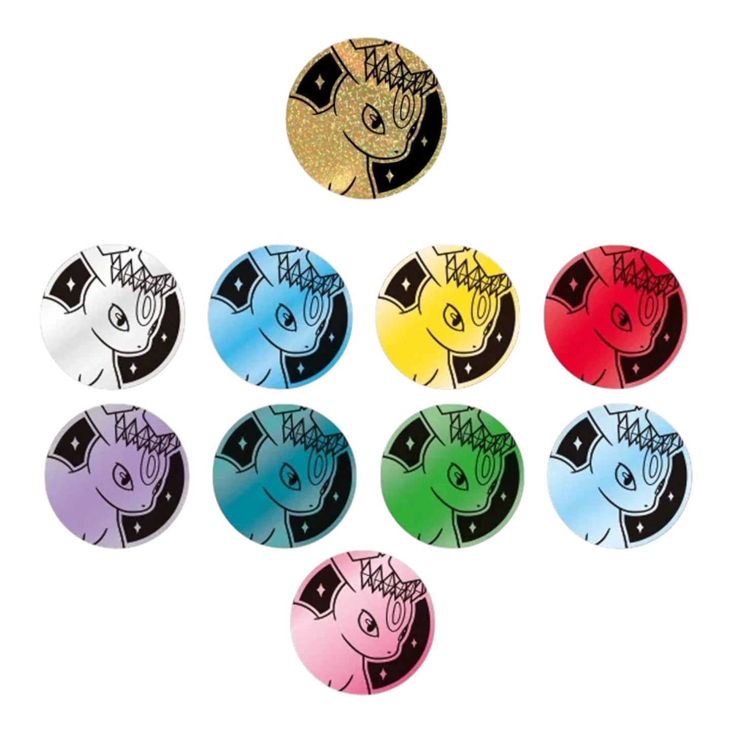 RichRevived Pokémon Terastal Grand Gathering Umbreon collector coin set featuring various colourful metallic designs.
